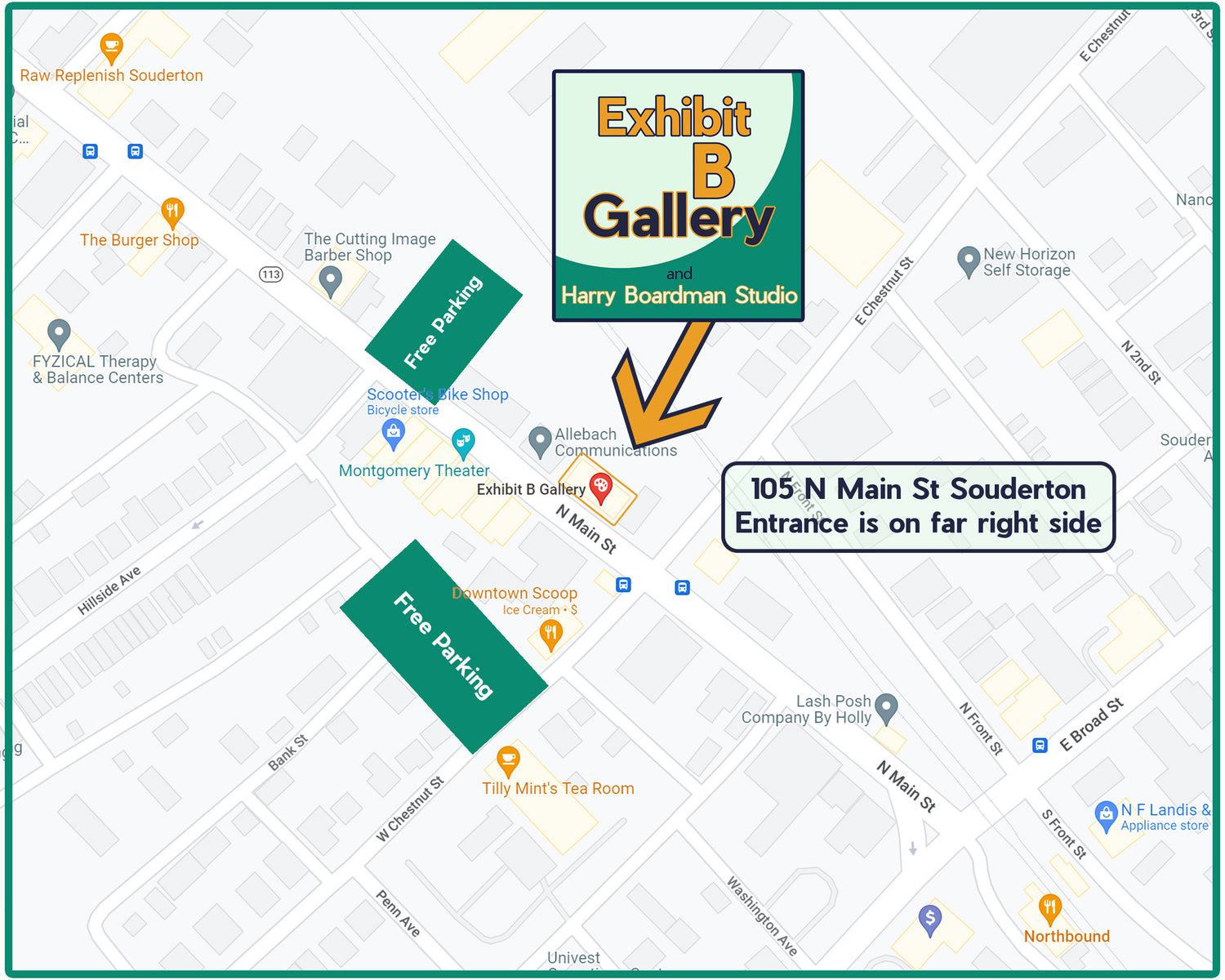 Free parking for Exhibit B Gallery in Souderton