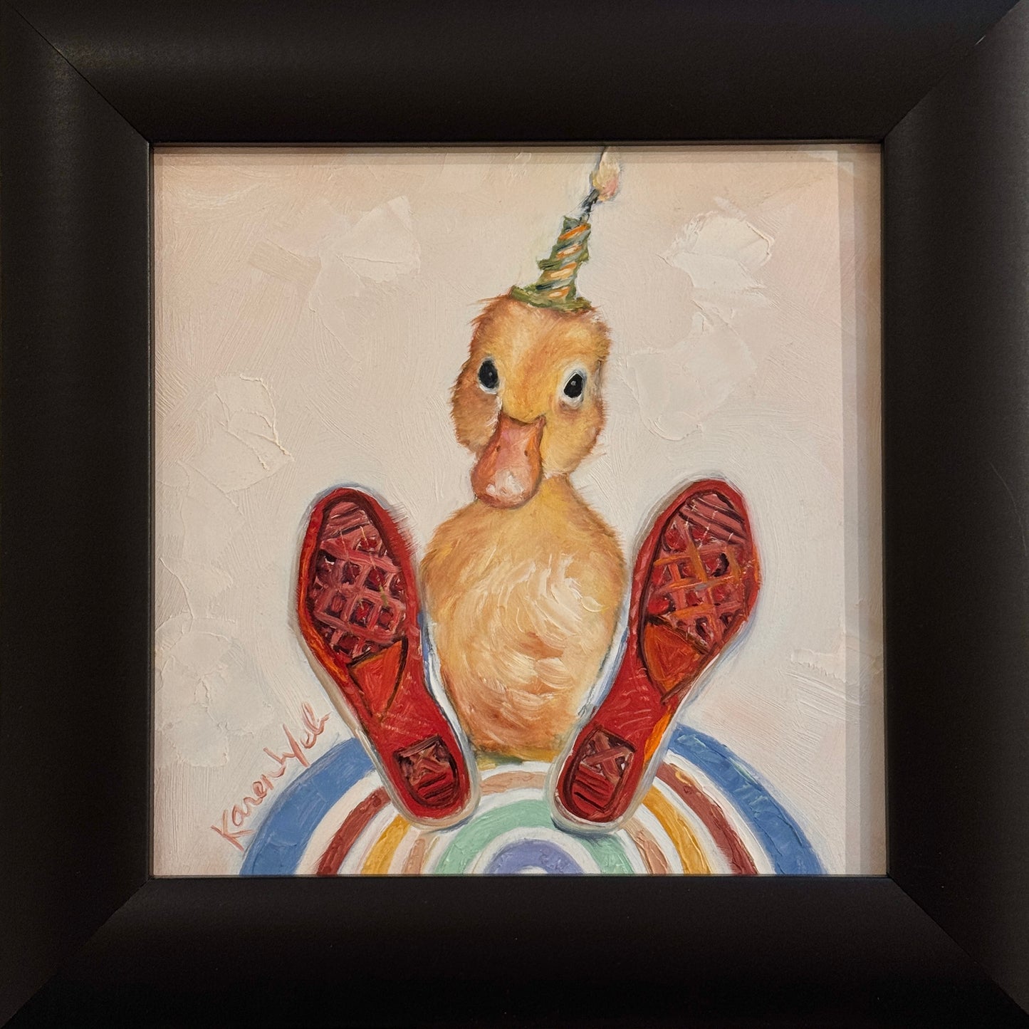 Painting of a duck with a birthday hat and red shoes on a rainbow background