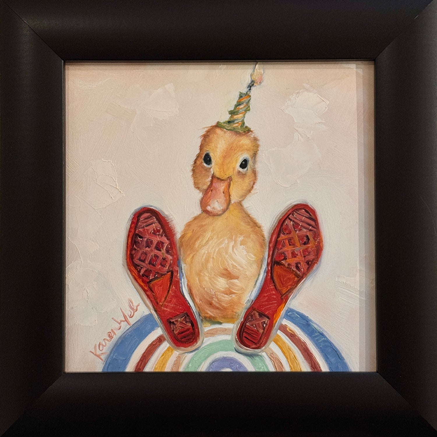 Painting of a duck with a birthday hat and red shoes on a rainbow background