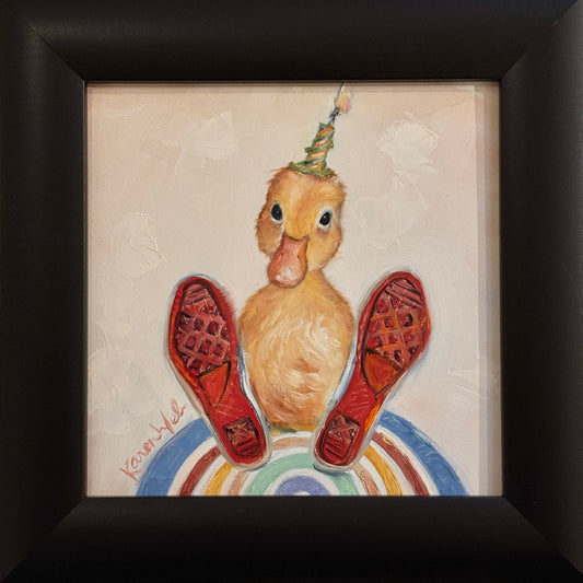 Painting of a duck with a birthday hat and red shoes on a rainbow background