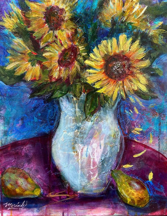 A Pale Pitcher of Sunflowers with a Pear or Two