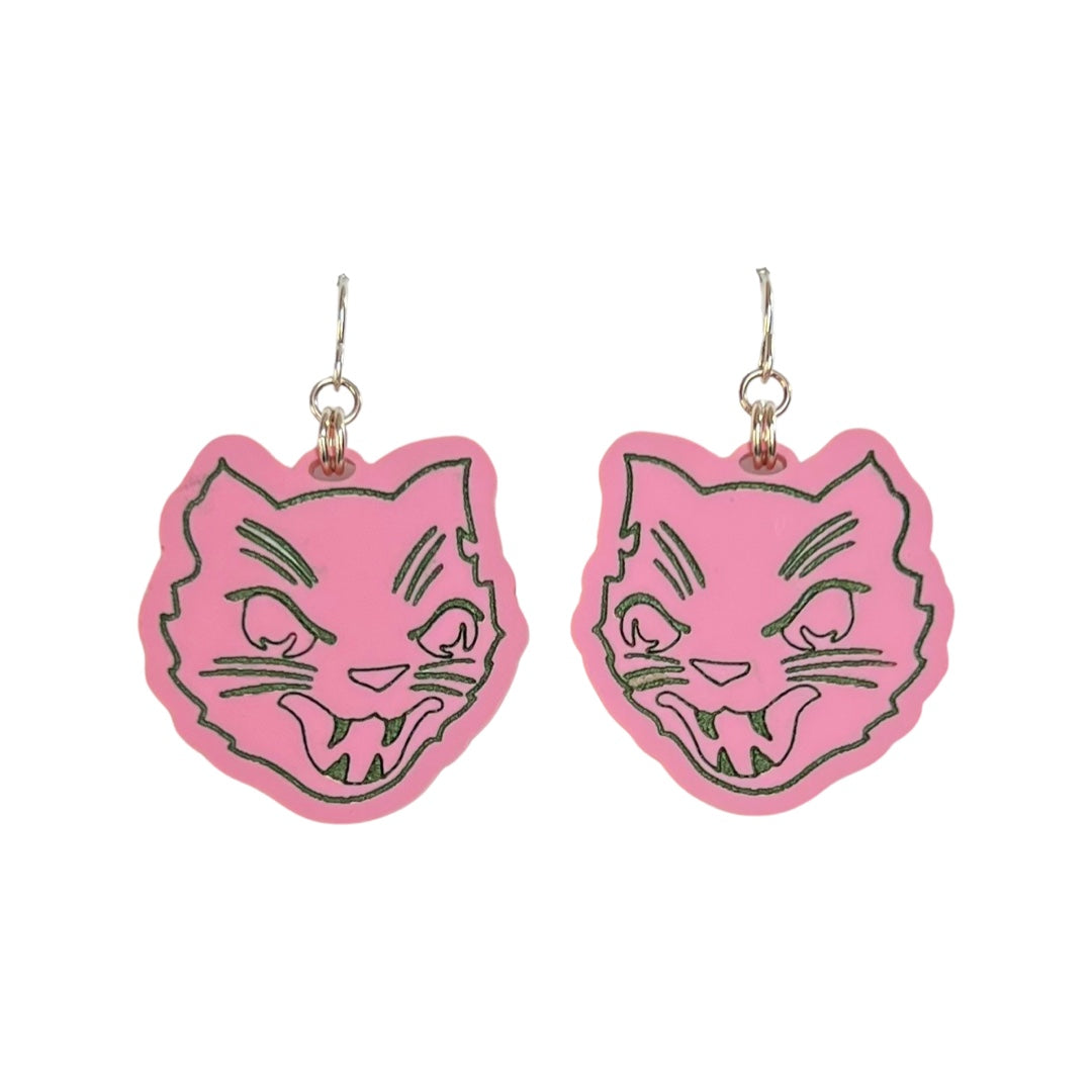 Halloween Cat Earrings - Turquoise on Matte Pink